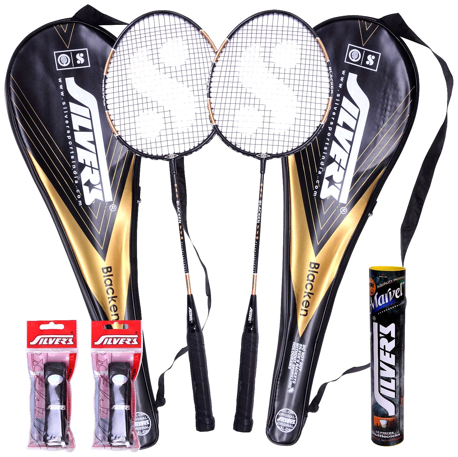 Silver's Blacken 2 Racquets, 1 Box Marvel Shuttlecock, 2PVC Grip